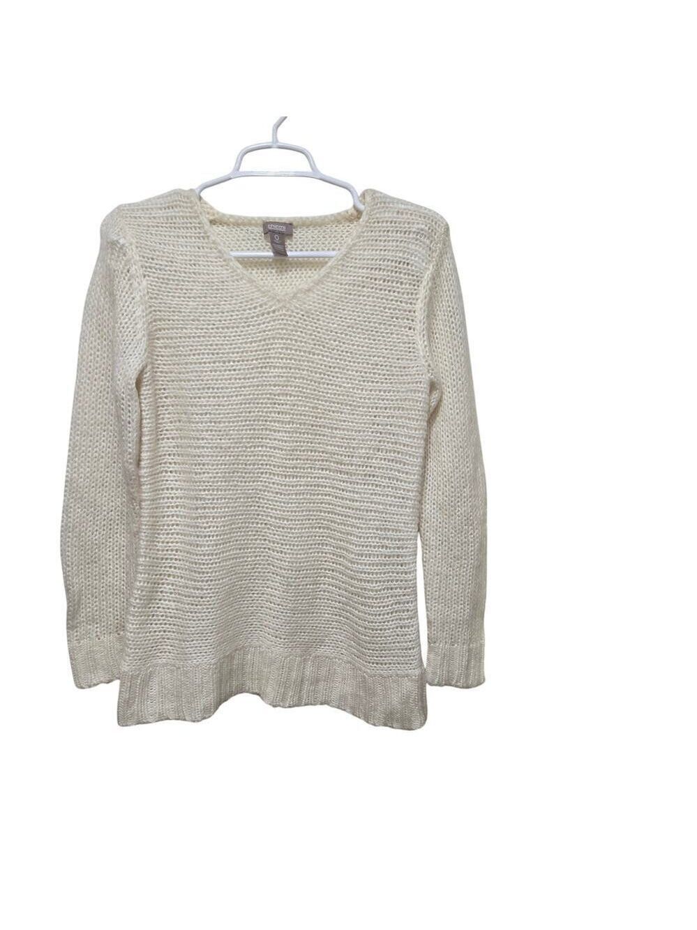 Chico's Cream Wool Blend Textured V-Neck Sweater Size 0 Small